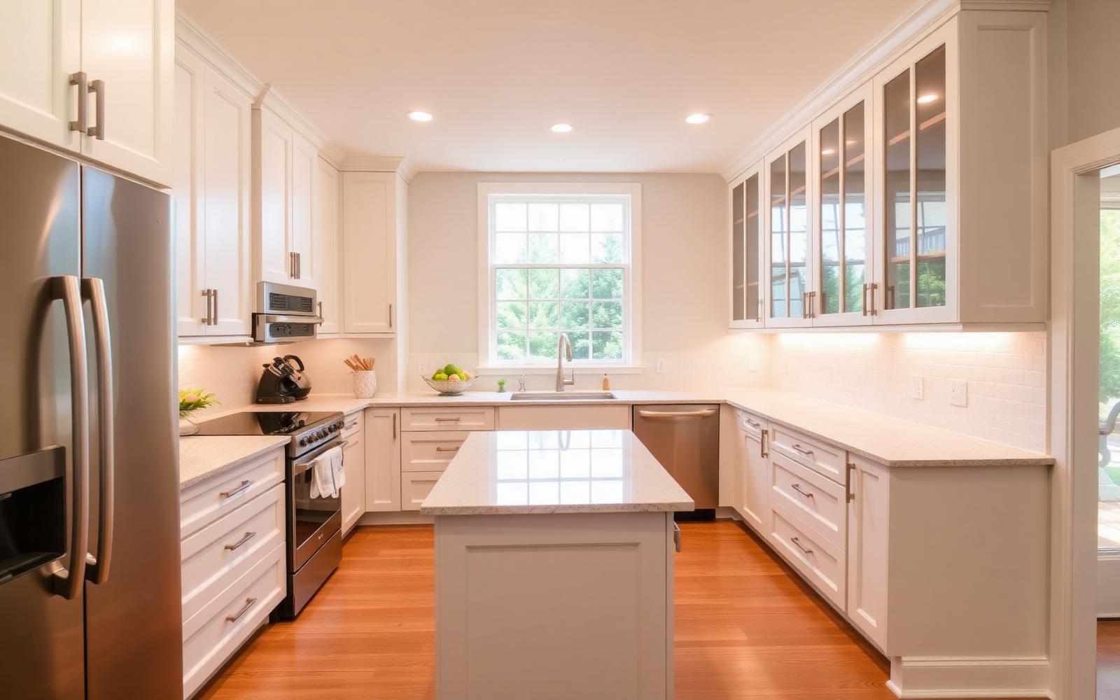 Remodeled residential kitchen with white cabinets and hardwood flooring